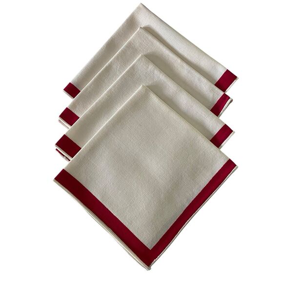Lot of 4 Cloth Napkins Ivory Red Stripe 14" x 13.25" Cotton Dining Vintage - Picture 4 of 4